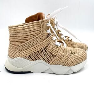 Clergerie Sybille Sneakers Raffia Woven Natural Tan Hi Top lace-Up Sz 36.5 / 6.5